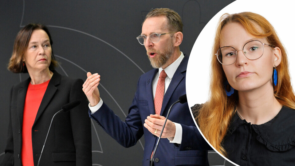 Socialminister Jakob Forssmed (KD) och Olivia Wigzell, generaldirektör för Folkhälsomyndigheten.