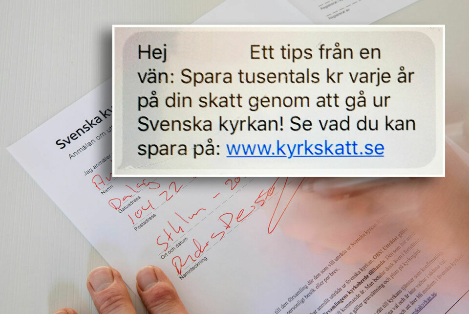 En SMS-kampanj från ett av de företag som tar betalt för att hjälpa till att gå ur Svenska kyrkan väckte många reaktioner. Foto: Foto: Marcus Gustafsson Sms från företag som tar betalt för hjälp med att gå ur Svenska kyrkan.