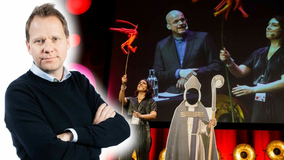 Lärandefestivalens konferencierer Calle Wessmark och Maria Wingård var på plats medan biskoparna lyste med sin frånvaro.