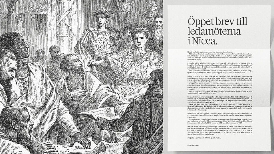 En illustration av kyrkomötet som öppnades i maj år 325 i Nicea.