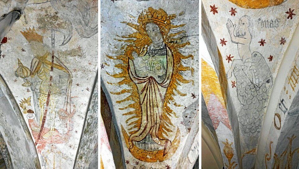 Bland de nyupptäckta motiven: Norrmännens skyddshelgon Olof den helige i imponeraned rustning, den obefläckade Maria med Jesusbarnet famnen och Jona, som kliver ur valfiskens mun.