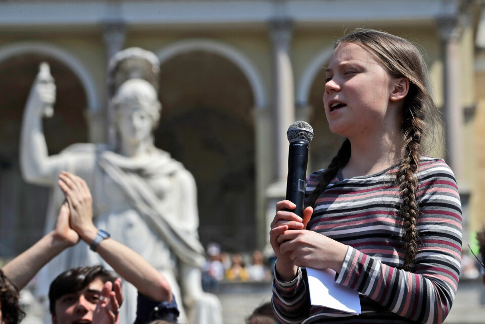 Greta Thunberg under en demonstration i Rom på långfredagen.