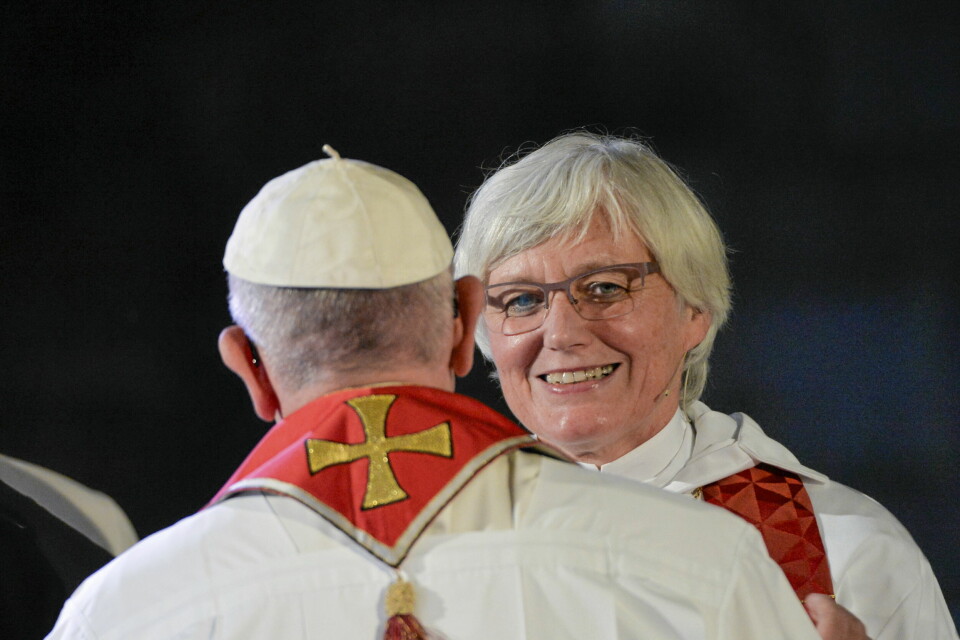 Påve Franciskus och ärkebiskop Antje Jackelén under den ekumeniska gudstjänsten i Lunds domkyrka 2016.